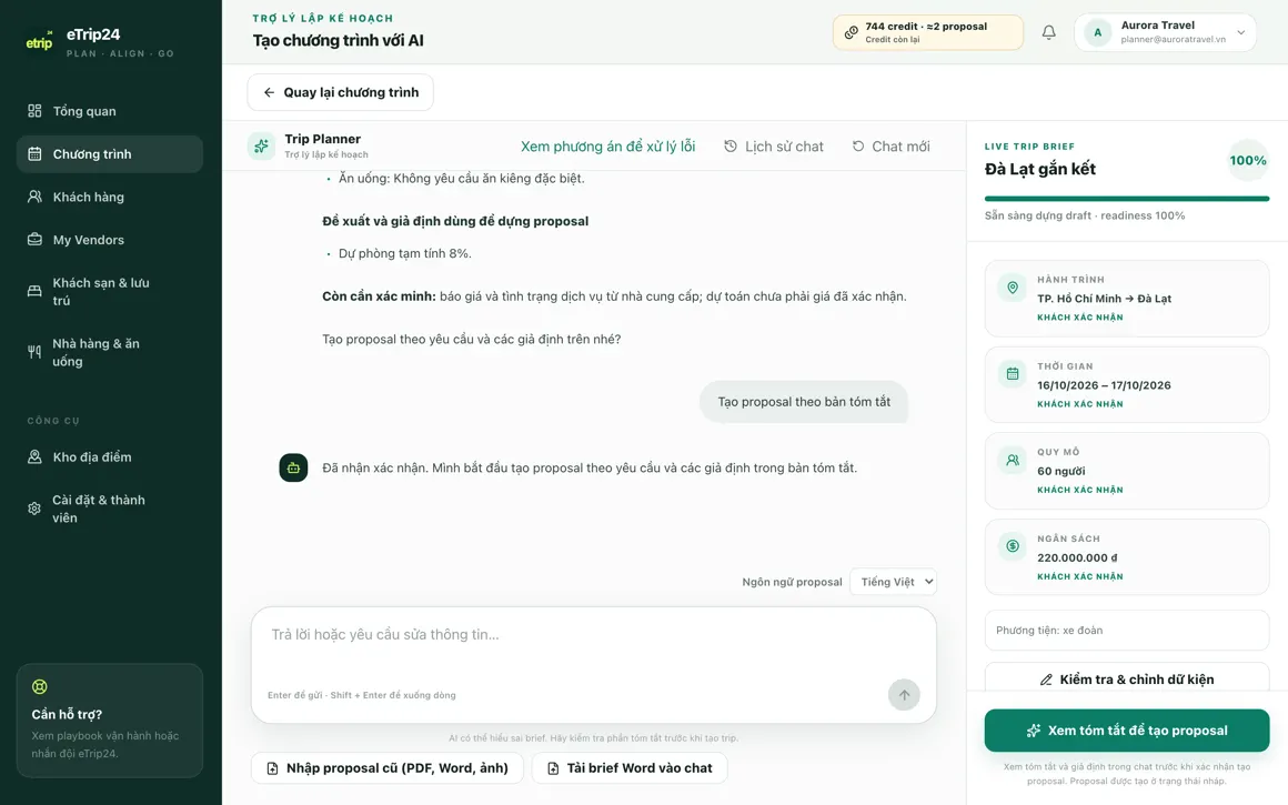 Cuộc trò chuyện với trợ lý AI của eTrip24 cùng bảng Live Trip Brief đạt 100% ở bên phải