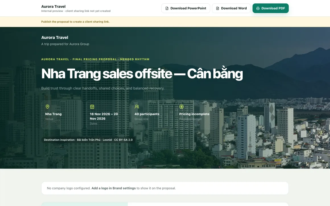 eTrip24 client proposal preview for a Lăng Cô retreat with PDF, Word and PowerPoint download buttons