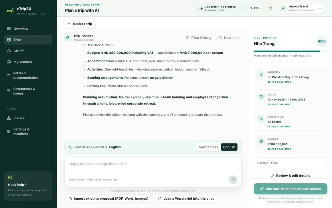 Conversation with the eTrip24 AI assistant alongside a Live Trip Brief panel at 100%