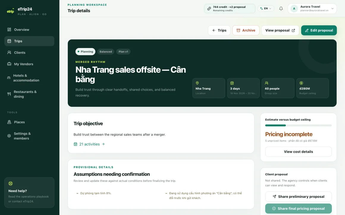 eTrip24 trip detail page with goals, assumptions and estimate versus budget
