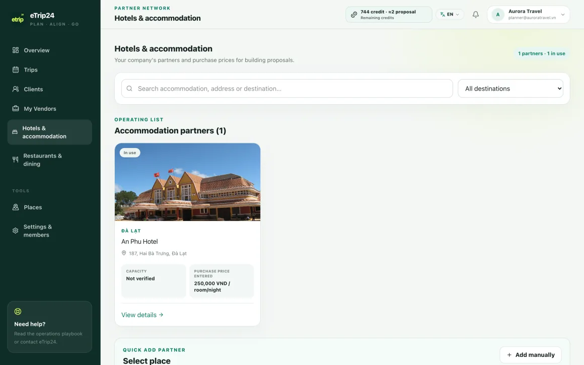 Agency hotel and lodging catalog in eTrip24 with entered purchase prices
