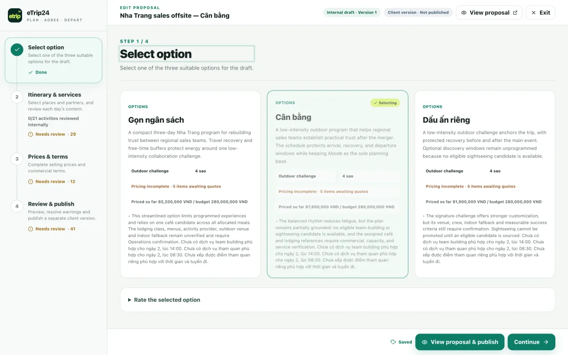 eTrip24 proposal editor showing three trip options to choose from