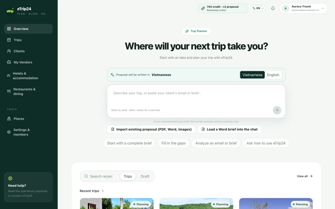 eTrip24 Trip Planner screen with a trip description box and recent trips