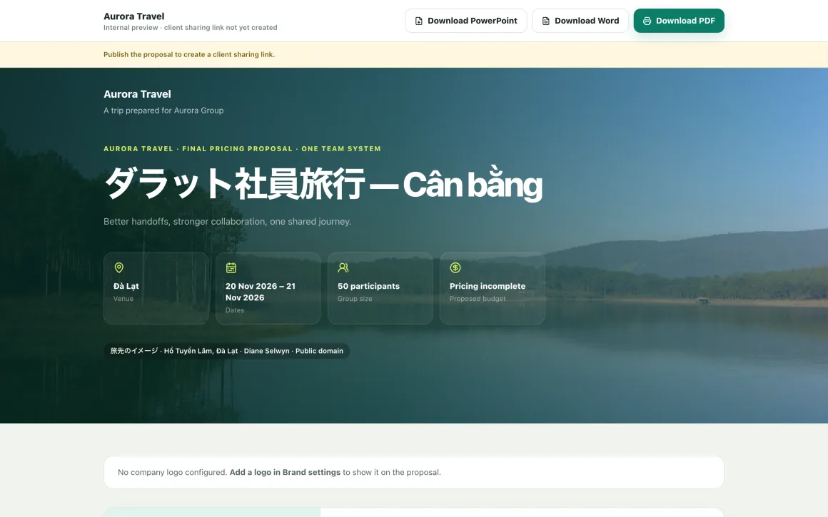PDF・Word・PowerPoint のダウンロードボタンがある、ランコー（Lăng Cô）リトリートのお客様向け提案書プレビュー（eTrip24）
