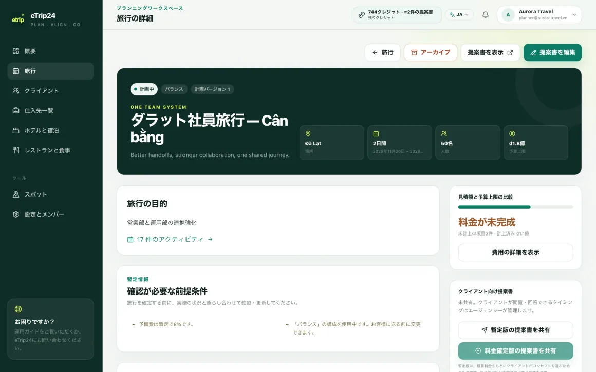 目的・仮定・予算に対する見積が表示された eTrip24 の旅行詳細ページ