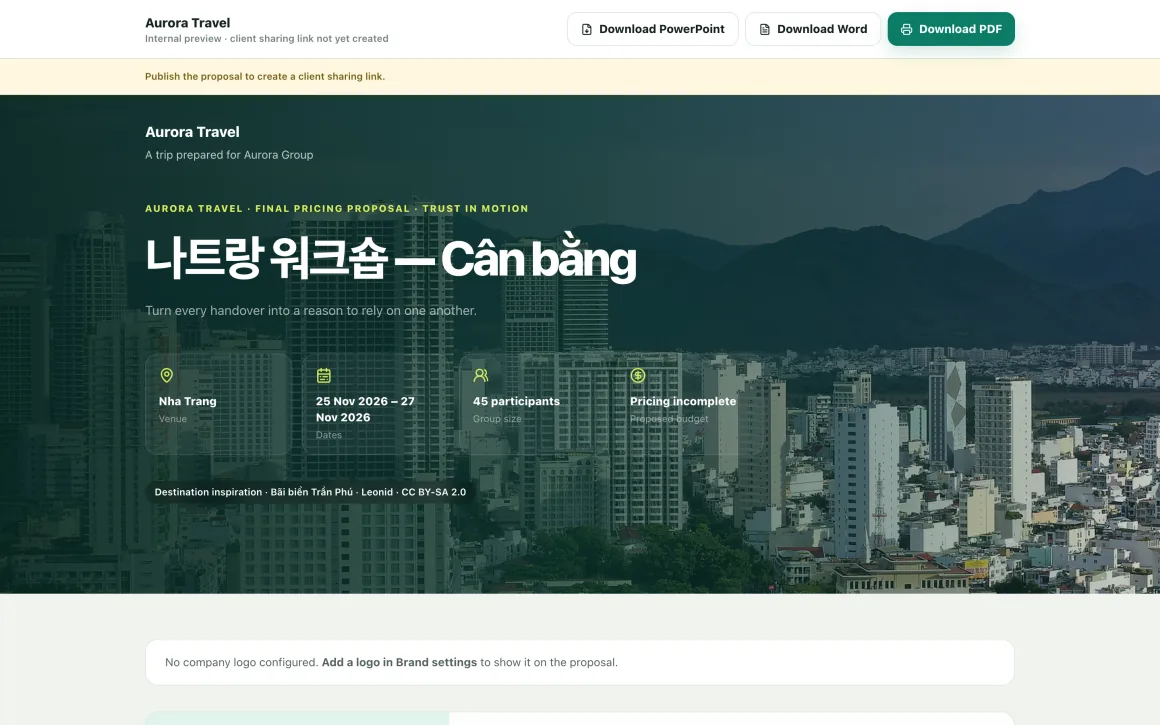 PDF, Word, PowerPoint 다운로드 버튼이 있는 eTrip24 랑꼬 리트리트 고객 제안서 미리보기