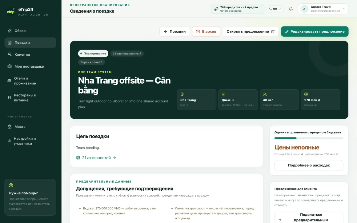 Страница тура в eTrip24 с целями, допущениями и сравнением сметы с бюджетом