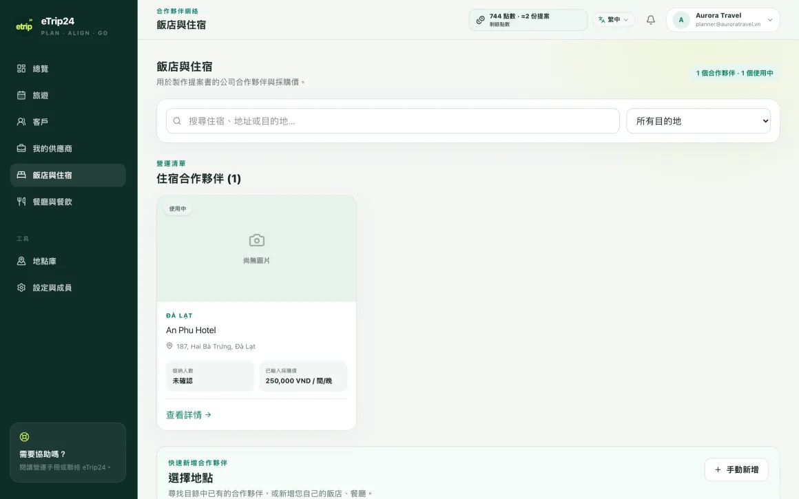 eTrip24 中旅行社的飯店與住宿目錄，已填入採購價格