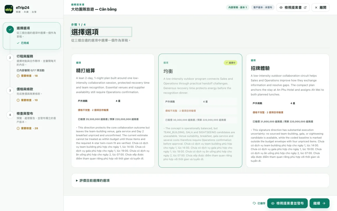 eTrip24 提案編輯器，顯示三個可選擇的行程方案