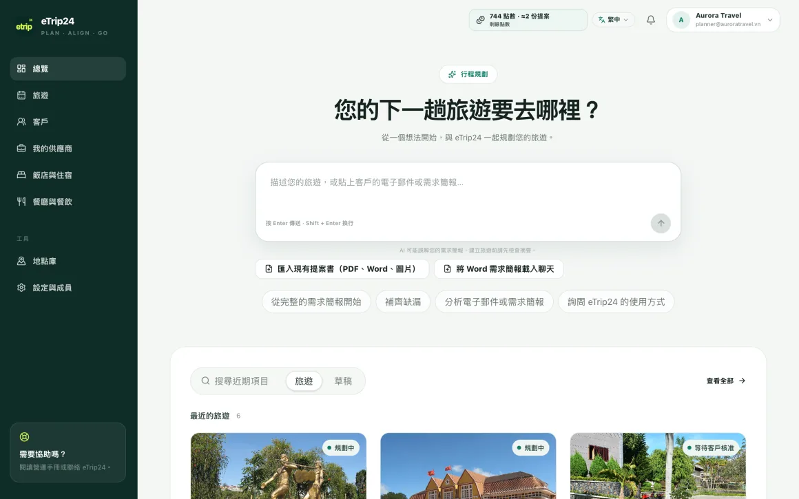 eTrip24 行程規劃畫面，含行程描述輸入框與近期行程